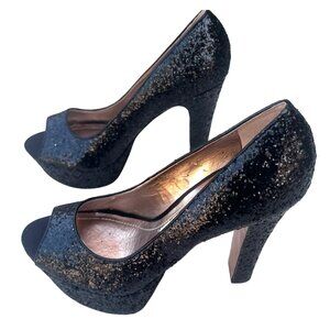 BCBGeneration Women’s Size 7.5B Sequin Black Peep Toe 1.5” Platform 5” Heels Sti